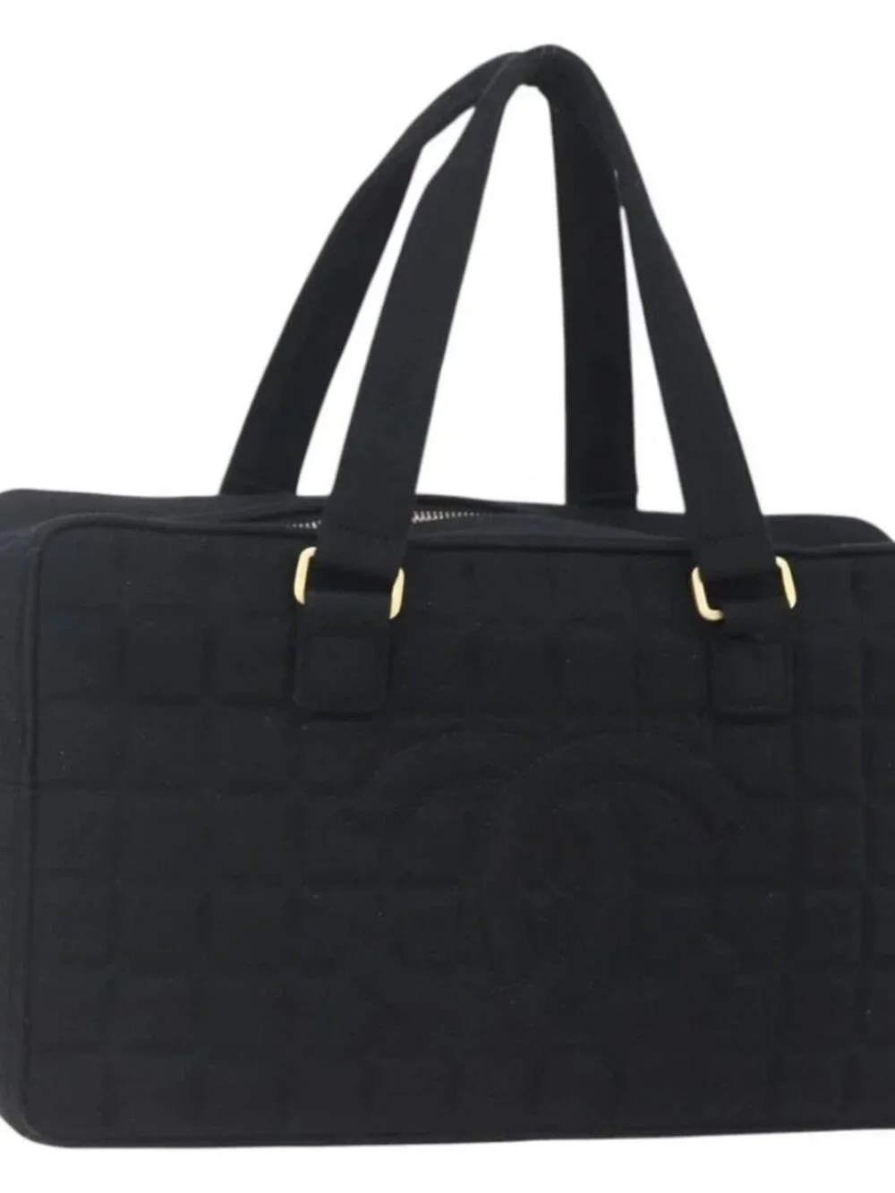 CHANEL Choco Bar Hand Bag Cotton Black Gold CC Auth 158843